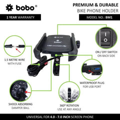 BOBO BM1 Jaw-Grip Bike Phone Holder (with fast USB 3.0 charger) Motorcycle Mobile Mount