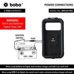 BOBO BM11H PRO Fully Waterproof Bike Phone Holder with Vibration Controller (with Fast 15W Wireless Charger & USB-C Input/Output Port) Motorcycle Mobile Mount