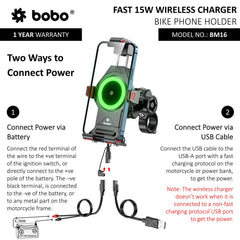 BOBO BM16 Anti-Vibration Metallic Bike Phone Holder (with Fast 15W Wireless Charger) Motorcycle Mobile Mount