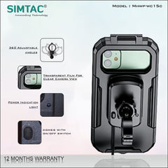 SIMTAC Mobile Holder Waterproof Wireless Charger With USB C For Bikes/ Scooters| MHWPWC-15C