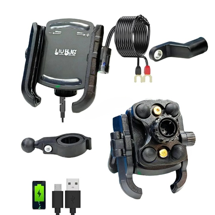 HJG Compact Pro 7579 Type-C Shockproof Mobile Holder with Jaw Grip Damper Anti Vibration with Type-C USB Charger for Bike